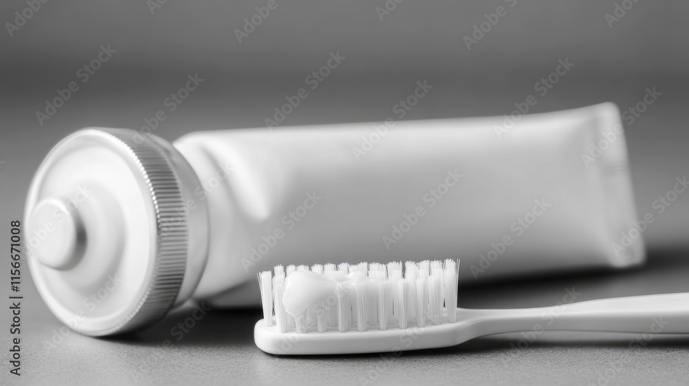 Minimalist whitening toothpaste and toothbrush composition with copy space for dental health promotion and advertising purposes. Minimalist whitening toothpaste and toothbrush composition with copy space for dental health promotion and advertising purposes.