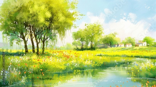 A vibrant landscape with trees, flowers, and a serene pond under a bright sky.