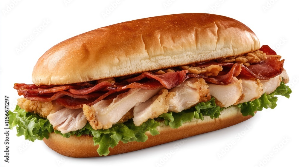 Crispy chicken sandwich with turkey ham in a sesame hot dog bun served on a fresh lettuce bed isolated on white background