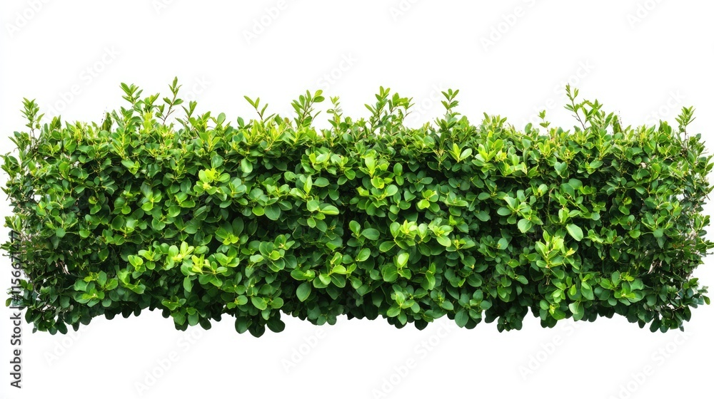 Lush trimmed shrub fence with vibrant green leaves isolated on a clean white background for landscaping and gardening concepts Lush trimmed shrub fence with vibrant green leaves isolated on a clean white background for landscaping and gardening concepts