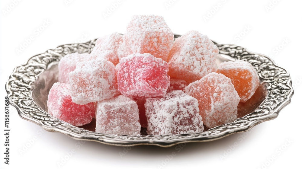 Turkish delight variety presented on an ornate metal plate isolated on white background appealing dessert food photography Turkish delight variety presented on an ornate metal plate isolated on white background appealing dessert food photography