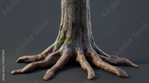 Detailed close-up of an old tree trunk and its intricate roots showcasing texture and natural growth patterns on a dark background photo