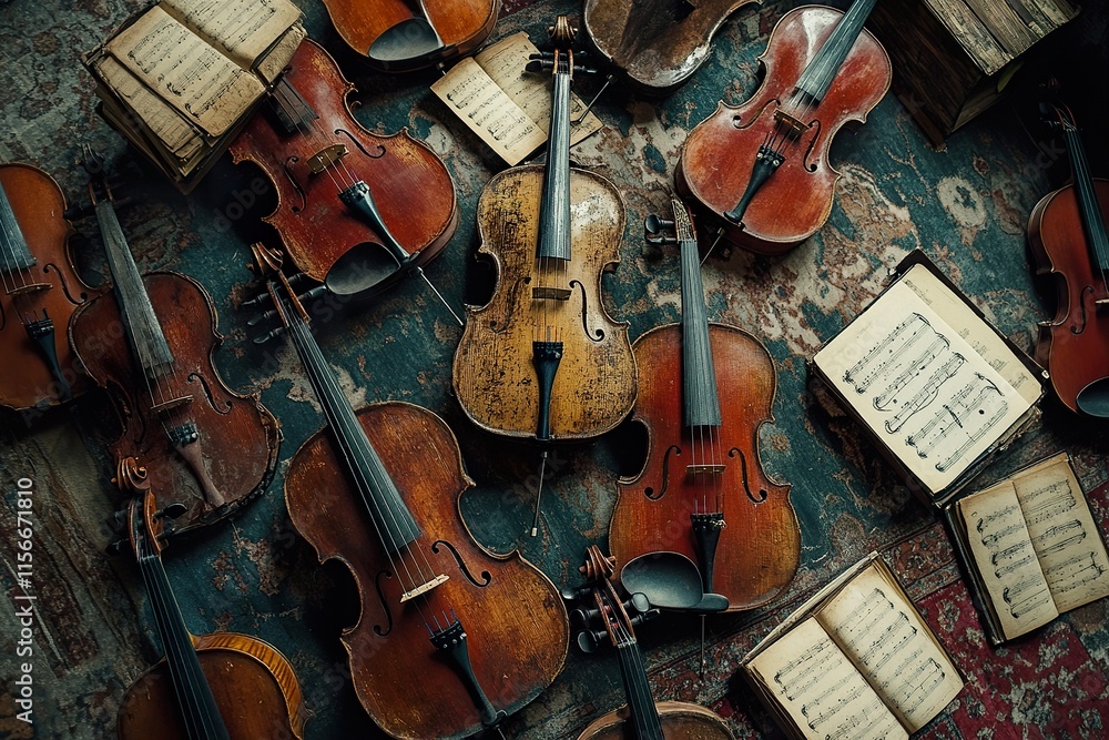 Naklejka premium Antique Violins and Sheet Music Resting on a Rug