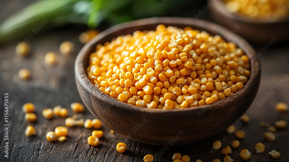Close-up of Organic Yellow Corn Kernels in a Wooden Bowl Close-up of Organic Yellow Corn Kernels in a Wooden Bowl