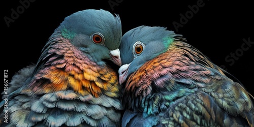 A pair of frillback pigeons cuddling closely together, showcasing their unique frillback features while enjoying a moment of warmth and affection. Frillback pigeons display charming behavior as they photo