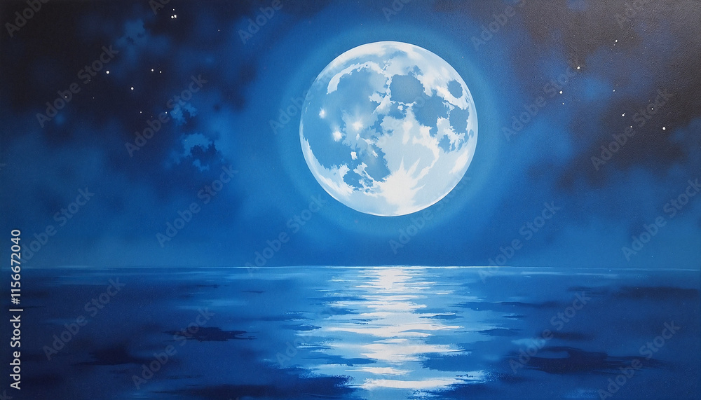 Full moon shining over calm ocean waters at night in a tranquil landscape Full moon shining over calm ocean waters at night in a tranquil landscape