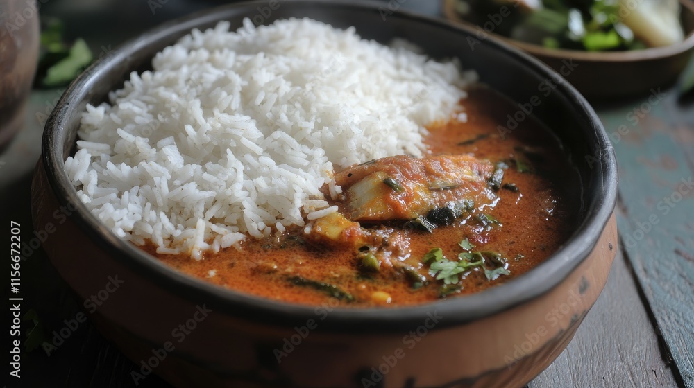 Trevally fish curry served with fluffy white rice in a rustic bowl creating a delightful culinary experience Trevally fish curry served with fluffy white rice in a rustic bowl creating a delightful culinary experience