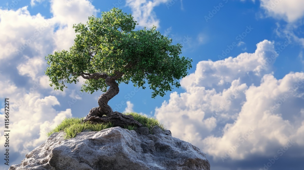 Majestic solitary tree atop a rocky outcrop against a bright blue sky with fluffy clouds creating a serene natural landscape. Majestic solitary tree atop a rocky outcrop against a bright blue sky with fluffy clouds creating a serene natural landscape.