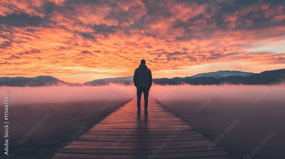 Solitude at Sunset: A Man Contemplates on a Misty Lake Bridge Solitude at Sunset: A Man Contemplates on a Misty Lake Bridge