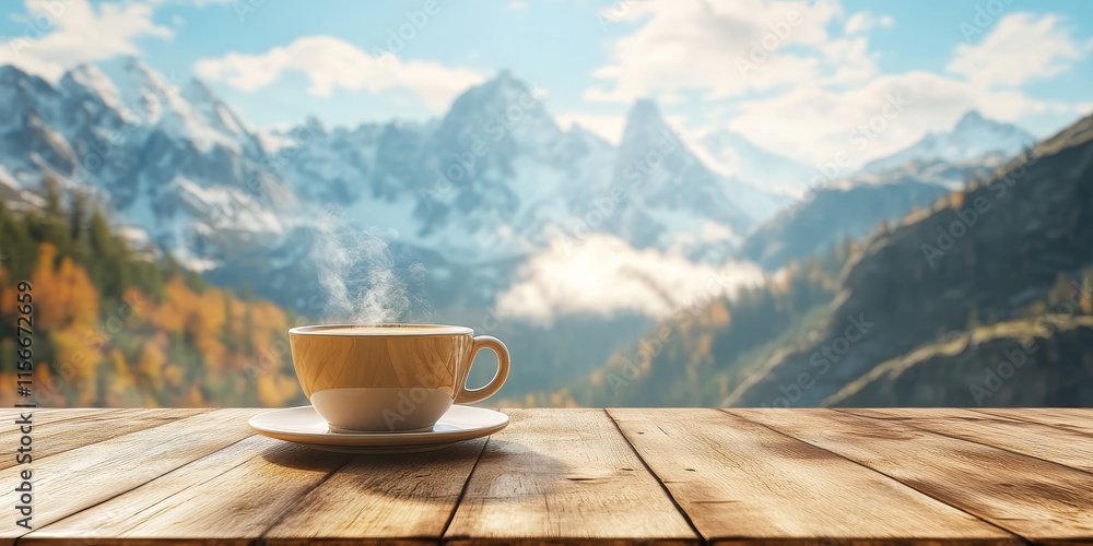 Hot coffee on a wood table creates a perfect ambiance, ideal for product display montage, with a stunning mountain blur background enhancing the hot coffee experience. Hot coffee on a wood table creates a perfect ambiance, ideal for product display montage, with a stunning mountain blur background enhancing the hot coffee experience.