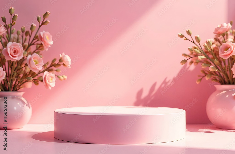 Round podium, minimalist design. Cosmetic product mockup placement pedestal, pink promotion stand display. Round podium, minimalist design. Cosmetic product mockup placement pedestal, pink promotion stand display.