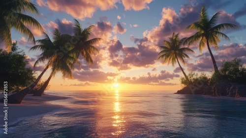 Serene tropical beach with coconut palms at sunrise casting reflections on calm waters and vibrant clouds in the sky