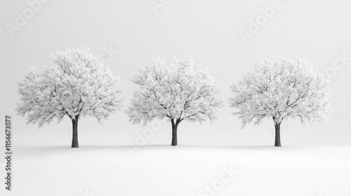 Snow-covered trees in a serene winter landscape with a minimalist aesthetic emphasizing tranquility and nature's beauty.