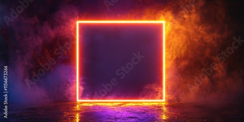 A lively and bright neon light frame surrounds an empty area against a richly textured dark backdrop, creating a striking visual contrast. photo