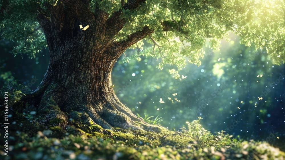 Majestic tree trunk with lush green foliage and sunlight filtering through creating a serene natural background scene Majestic tree trunk with lush green foliage and sunlight filtering through creating a serene natural background scene