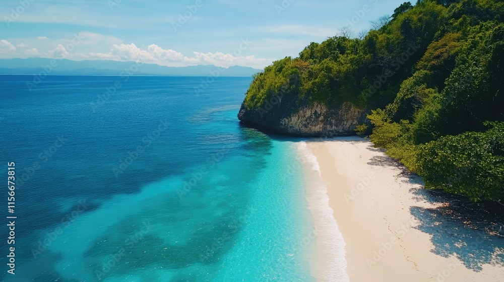 Fototapeta premium Tropical beach paradise with pristine white sand and clear turquoise waters bordered by lush green cliffs under a bright blue sky