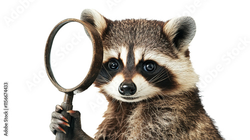 Funny curious detective raccoon with a magnifying  available PNG on white background
