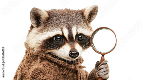 Funny curious detective raccoon with a magnifying  available PNG on white background