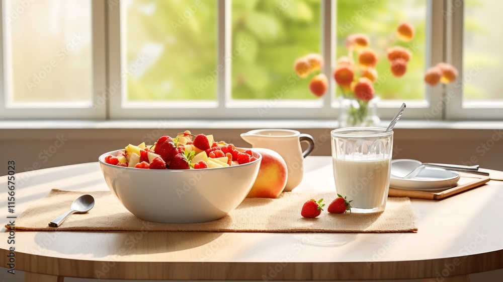 Bright and inviting morning table setup with a bowl of cereal milk jug and an arrangement of fresh fruits like oranges apples and berries A healthy Bright and inviting morning table setup with a bowl of cereal milk jug and an arrangement of fresh fruits like oranges apples and berries A healthy