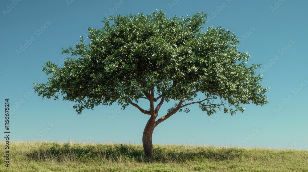 Fototapeta premium Lone deciduous tree with vibrant green foliage under a clear blue sky on a grassy landscape in bright daylight