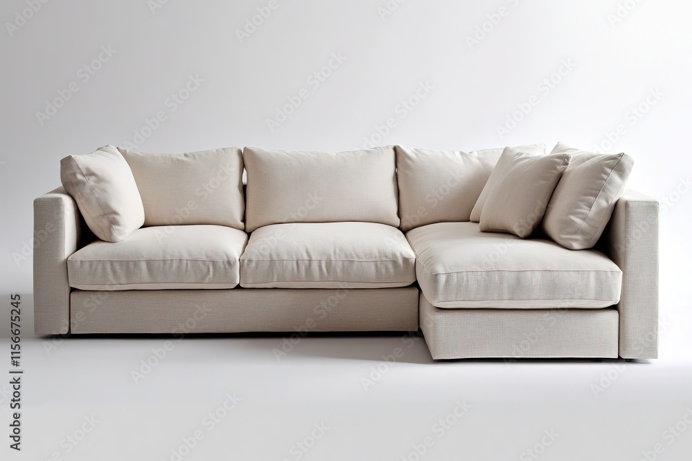 Fototapeta premium Stylish sectional sofa in soft beige fabric, featuring plush cus