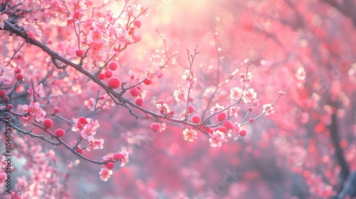 Plum Orchard Blossoms in Full Bloom with Soft Pink Petals and Natural Light Background photo