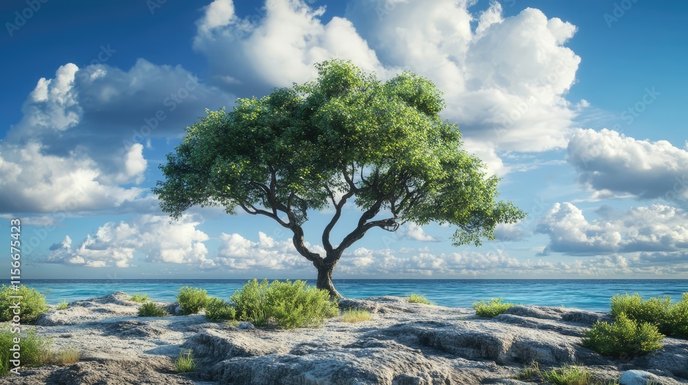 Lone tree stands on rocky shore with ocean waves and vibrant sky in the background highlighting nature's tranquility and beauty. Lone tree stands on rocky shore with ocean waves and vibrant sky in the background highlighting nature's tranquility and beauty.