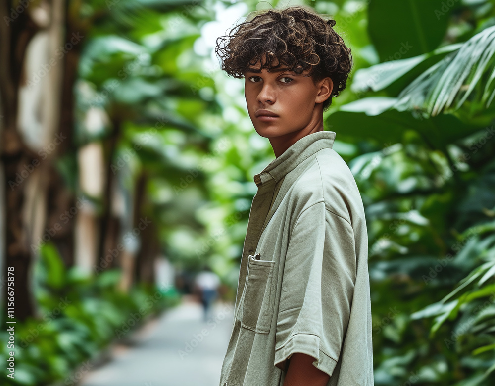 Young man walks through lush greenery path. Generative AI Young man walks through lush greenery path. Generative AI
