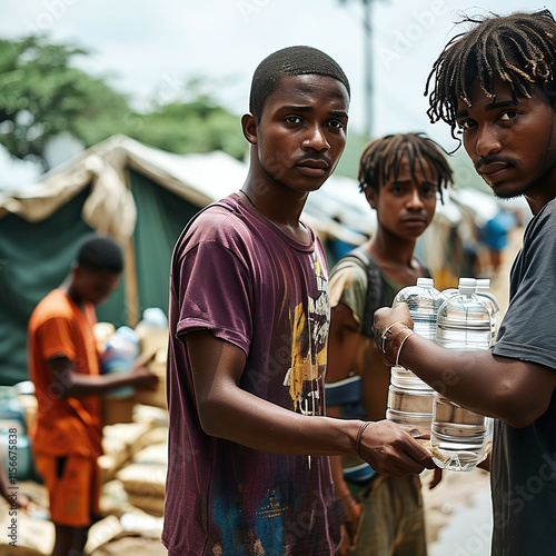 Youth share water and food in the community. Generative AI