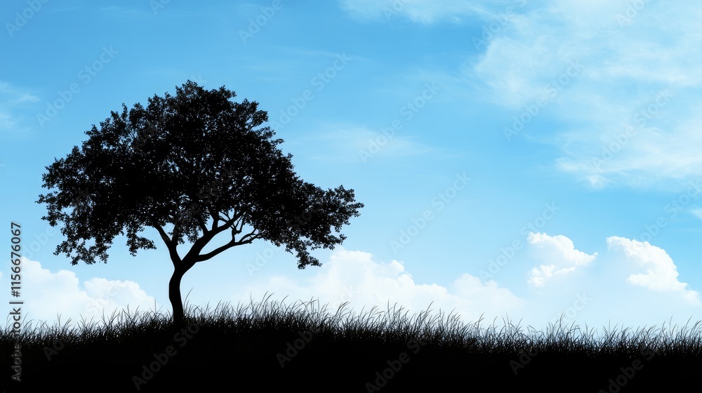 Tree silhouette against a bright blue sky with soft clouds emphasizing natural tranquility and beauty in nature.