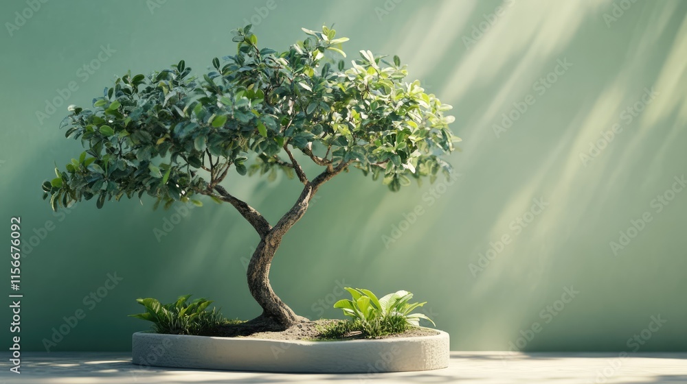 Elegant bonsai tree in minimalist pot showcasing green foliage against a soft pastel background for interior decor or gardening concepts Elegant bonsai tree in minimalist pot showcasing green foliage against a soft pastel background for interior decor or gardening concepts