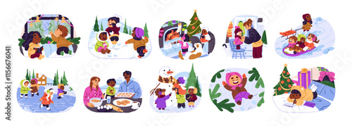 Children activities in winter set. Happy kids have fun in Christmas holidays. Girls and boys play snowballs, build snowman, baking, write letter to Santa. Flat isolated vector illustrations on white