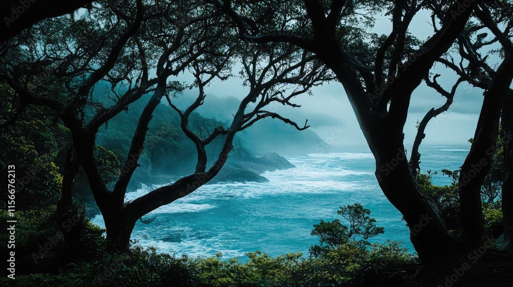 Misty Coastal Landscape Framed by Trees at Dawn with Ocean Waves and Rocky Shoreline Misty Coastal Landscape Framed by Trees at Dawn with Ocean Waves and Rocky Shoreline