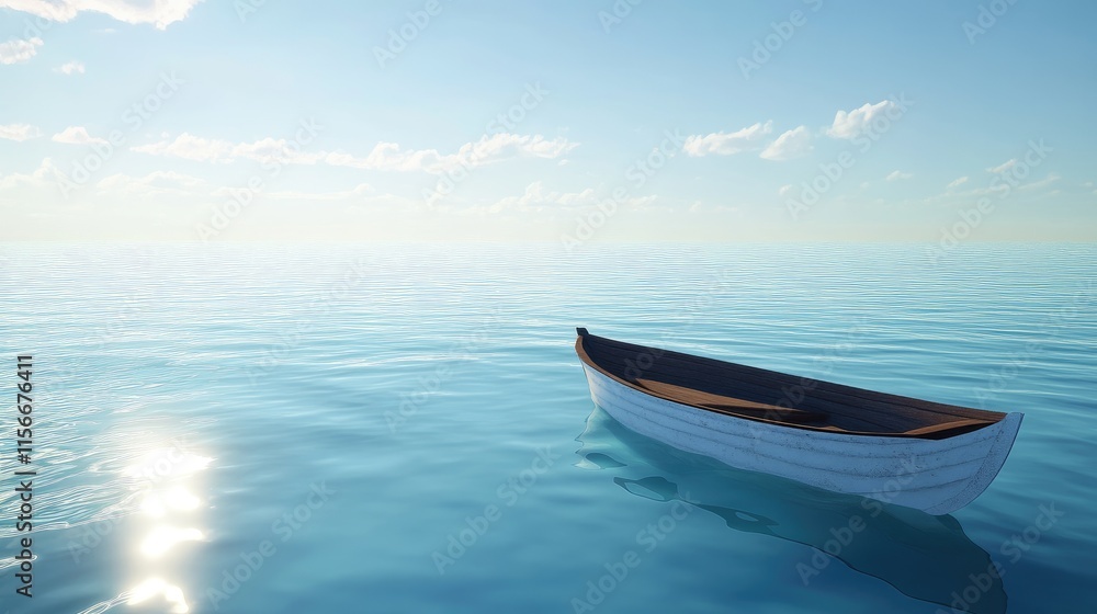 A solitary boat floating in the center of a wide ocean, surrounded by endless blue water and a clear sky, symbolizing isolation. A solitary boat floating in the center of a wide ocean, surrounded by endless blue water and a clear sky, symbolizing isolation.