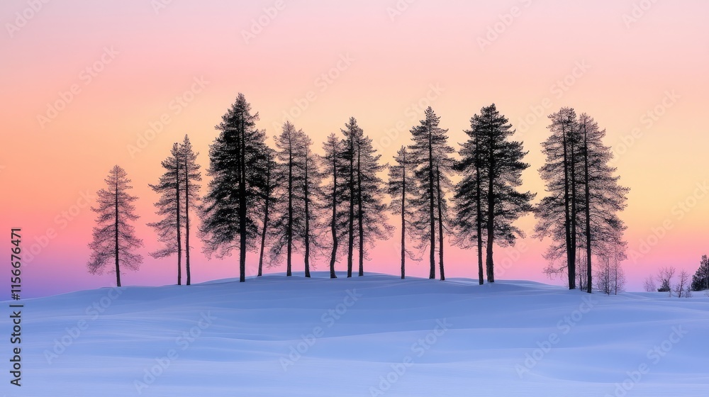 Fototapeta premium Winter sunset with silhouetted evergreen trees against a pastel sky over a snowy landscape creating a serene nature scene.