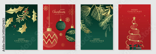 Merry Christmas and Happy New Year greeting card vector set. Luxury invitation with Christmas tree, bauble, line spot texture on green and red background. Design illustration for season's card, ads. 