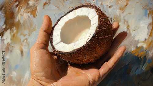 Hand holding a fresh coconut half against a blurred tropical background with soft textures and colors photo