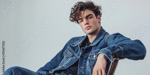 A fashionable young man with a trendy hairstyle is sitting on a chair, wearing a denim jacket, set against a plain white backdrop.