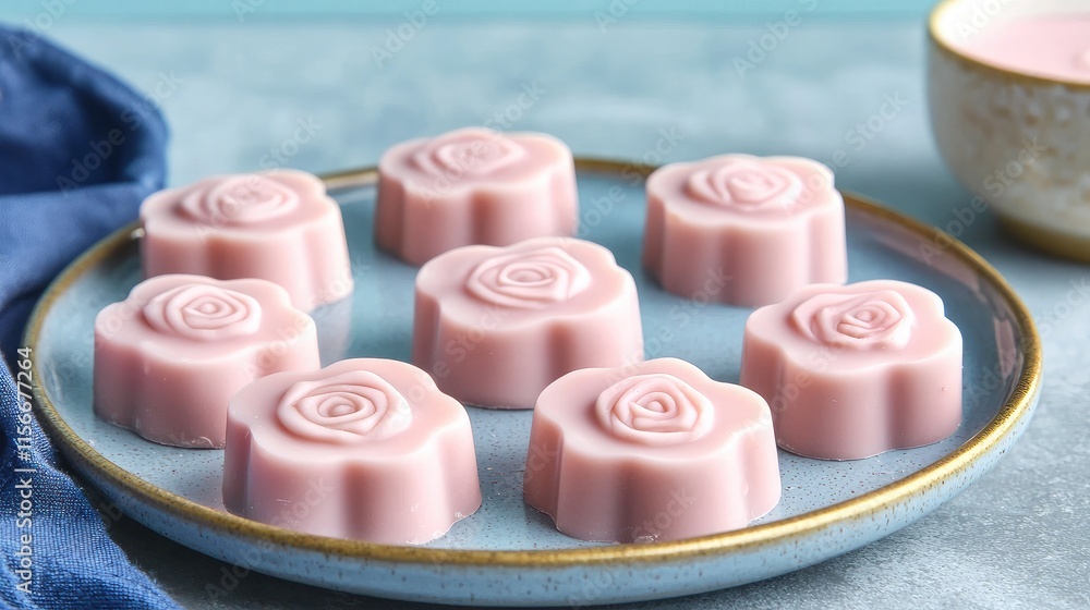 A plate of pink rose-shaped treats, beautifully arranged, showcasing a delicate and appealing dessert presentation. A plate of pink rose-shaped treats, beautifully arranged, showcasing a delicate and appealing dessert presentation.
