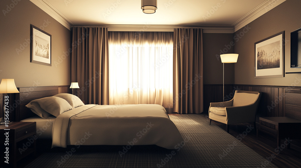 Warm and inviting hotel room with soft lighting and elegant decor. Warm and inviting hotel room with soft lighting and elegant decor.