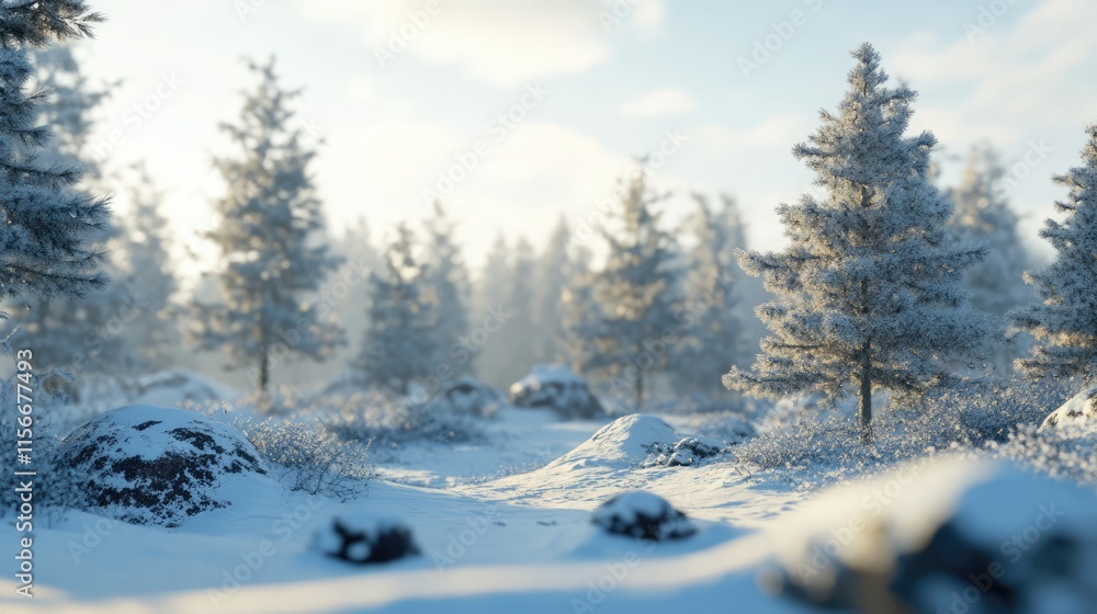 Winter landscape with snow-covered trees and serene atmosphere during a bright sunny day in a tranquil forest setting. Winter landscape with snow-covered trees and serene atmosphere during a bright sunny day in a tranquil forest setting.