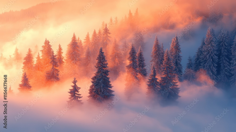 Obraz premium Winter wonderland with foggy trees and warm hues creating a serene and mystical landscape atmosphere in a snow-covered scene