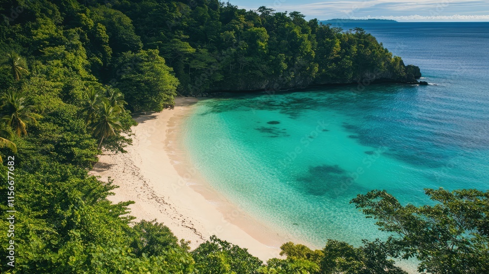Fototapeta premium Secluded tropical beach with clear turquoise water surrounded by lush greenery and serene landscape for peaceful getaway imagery