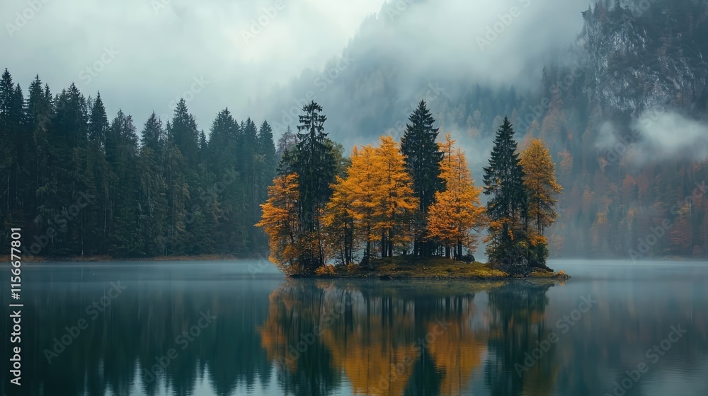 Fototapeta premium Autumn trees with vibrant colors reflecting on a tranquil lake surrounded by misty mountains in a serene morning atmosphere