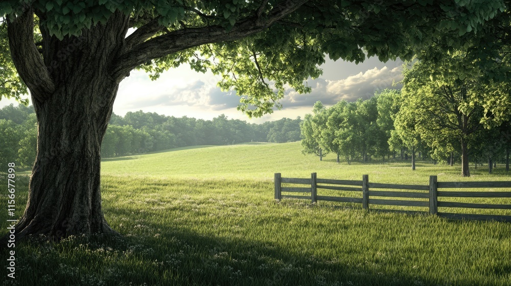 Lush green field with majestic trees and wooden fences under a serene sky depicting nature's tranquility and beauty in rural landscapes. Lush green field with majestic trees and wooden fences under a serene sky depicting nature's tranquility and beauty in rural landscapes.