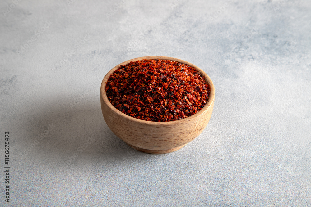 Ground red pepper flakes in a wooden bowl,top view Ground red pepper flakes in a wooden bowl,top view