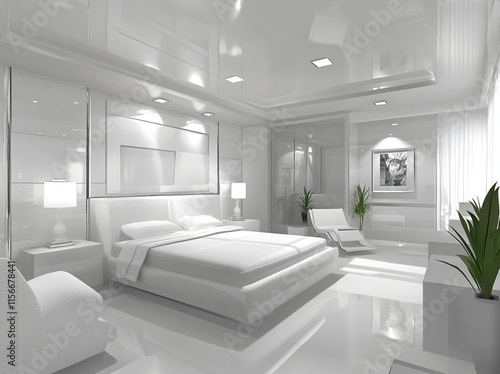 Modern white bedroom with minimalistic design and bright natural light.