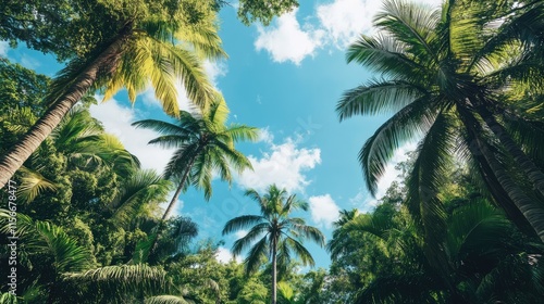 Fototapeta Naklejka Na Ścianę i Meble -  Tropical beach scenery featuring lush palm trees under a vibrant blue sky in a serene jungle landscape with rich greenery and sunshine.