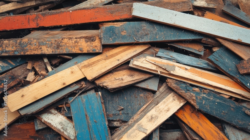 Chaotic pile of old trimmed wooden boards in various colors and textures for rustic design or construction backgrounds Chaotic pile of old trimmed wooden boards in various colors and textures for rustic design or construction backgrounds