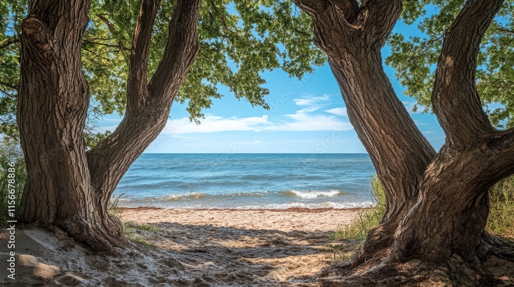 Tranquil beach view framed by tree trunks with clear sea and blue sky creating a serene natural landscape scene. Tranquil beach view framed by tree trunks with clear sea and blue sky creating a serene natural landscape scene.